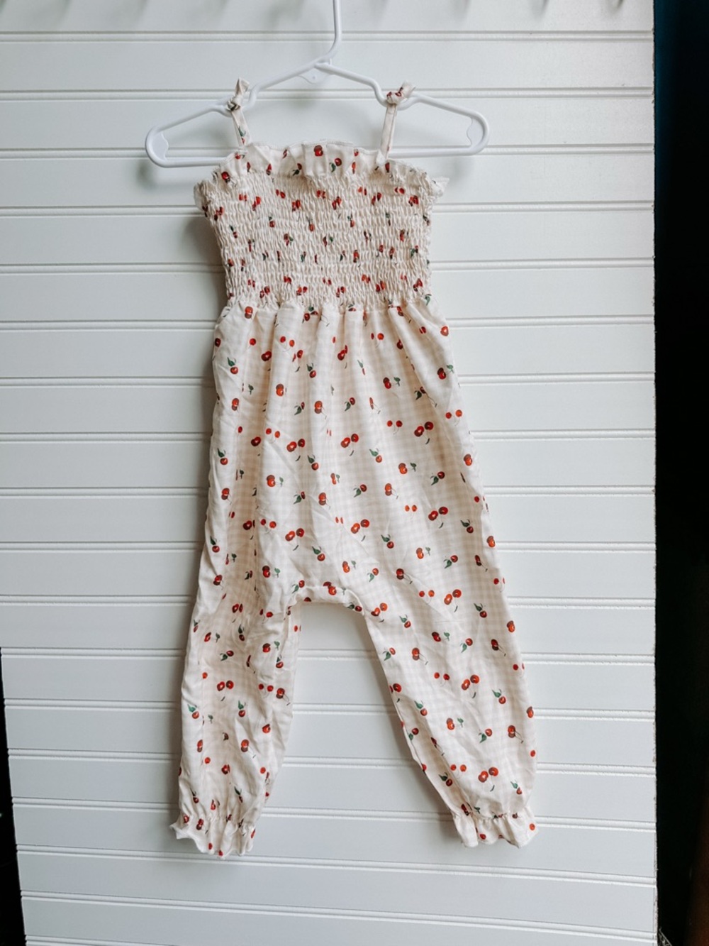 SHEIN Cream Cherry-Print Smocked Romper